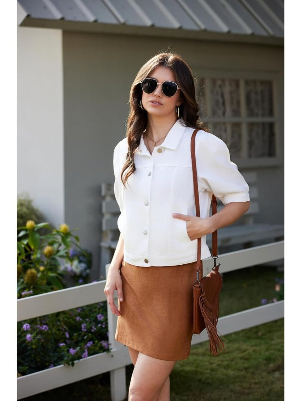 Women's White Cropped Short Puff Sleeve Trendy Denim Jackets with Pockets - Picture 3 of 6